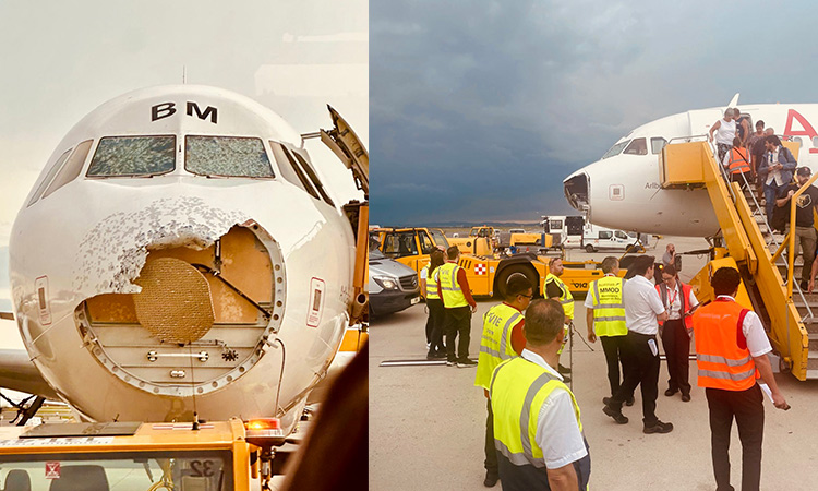 Hailstorms damage passenger plane’s nose and cockpit windows Hailstorms damage passenger plane’s nose and cockpit windows