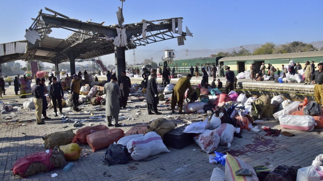 A powerful suicide bombing at a rail station in southwestern A powerful suicide bombing at a rail station in southwestern Pakistan kills at least 26